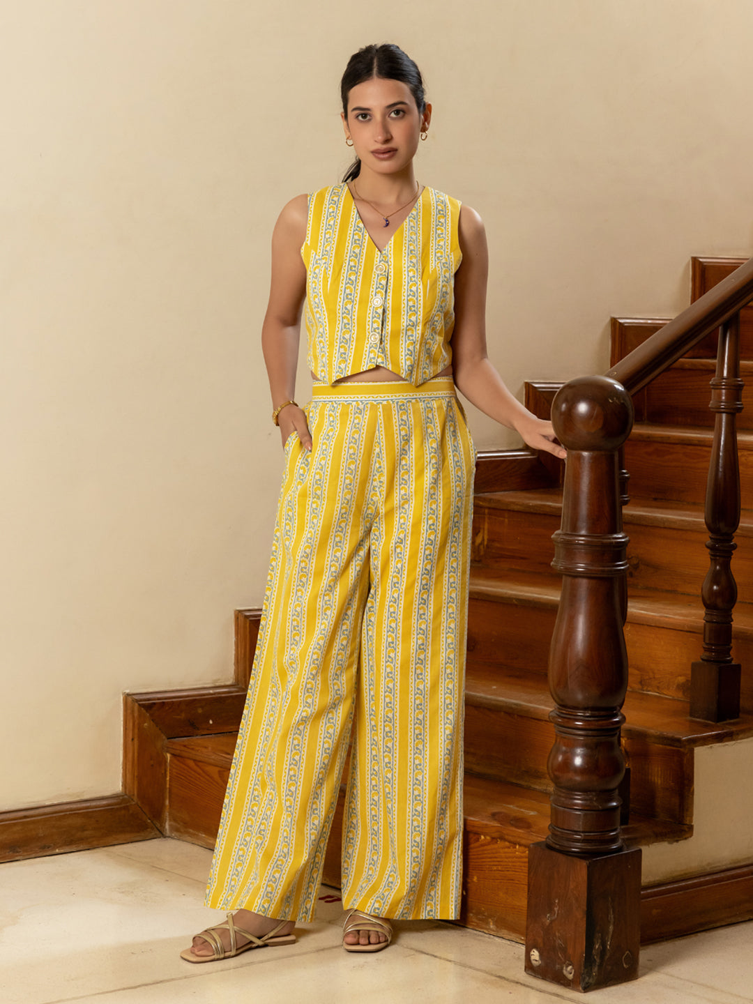FIORRA Women's Yellow Cotton Printed Co-ord Set